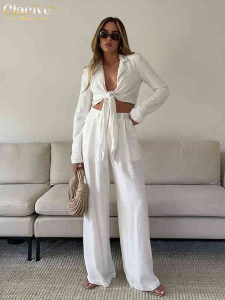 

clacive lace-up shirts set woman 2 pieces bodycon white high waist pants set female elegant add lining wide trouser suits t220729, Gray