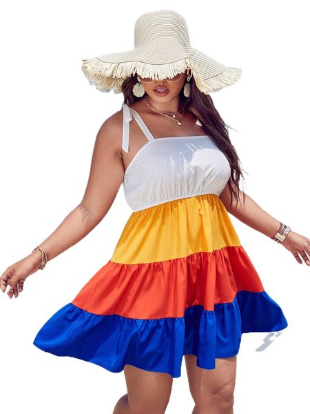 

plus color block tie shoulder ruffle hem cami dress c089#, Black
