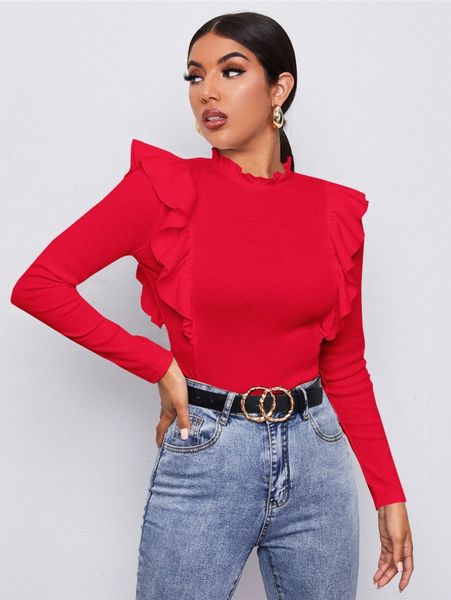 

frill neck ruffle trim form fitted i0hz#, White