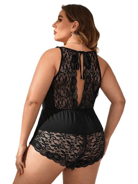 

plus contrast lace tie back sleep romper y94c#, Black;white