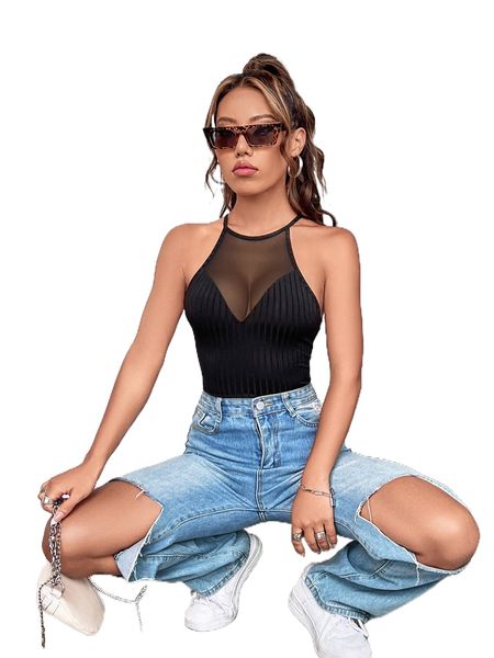 

contrast mesh halter neck ribbed knit bodysuit n36g#, White