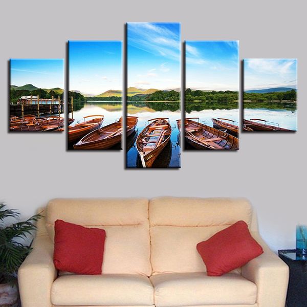 Tela modulare Stampe HD Poster Decorazioni per la casa Immagini di arte della parete 5 pezzi Molte barche nelle paludi Dipinti Senza cornice