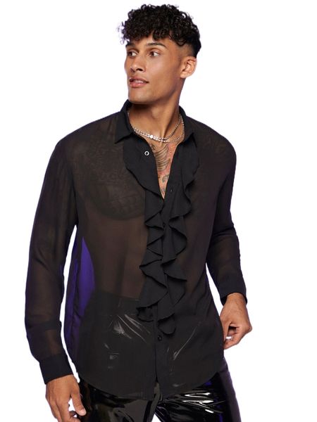 

men ruffle trim chiffon shirt f1b6#, White;black