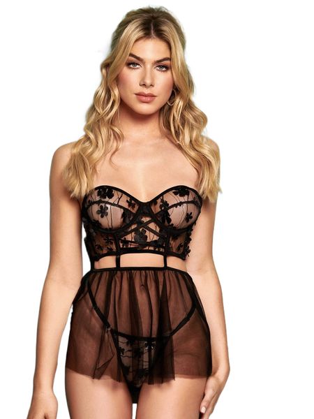 

lace applique detail underwire lingerie set 80pg#, Black;red