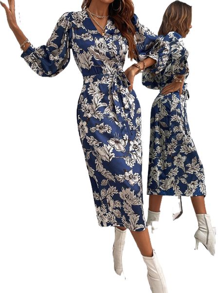 

satin floral bishop sleeve belted fitted dress x30m#, Black;gray