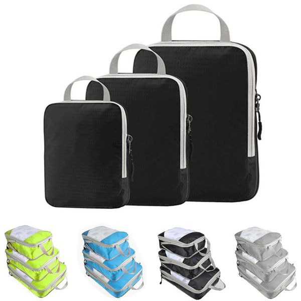 Borsoni 3/4/6 pezzi / set Cubi di imballaggio a compressione Borsa da viaggio Borsa da viaggio Valigia Organizzatore Set Pieghevole Materiale in nylon impermeabileDuffe