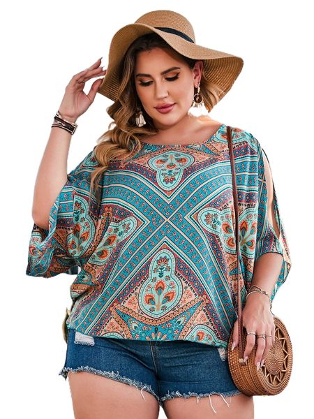 

plus floral scarf print batwing sleeve blouse w7a0#, Black