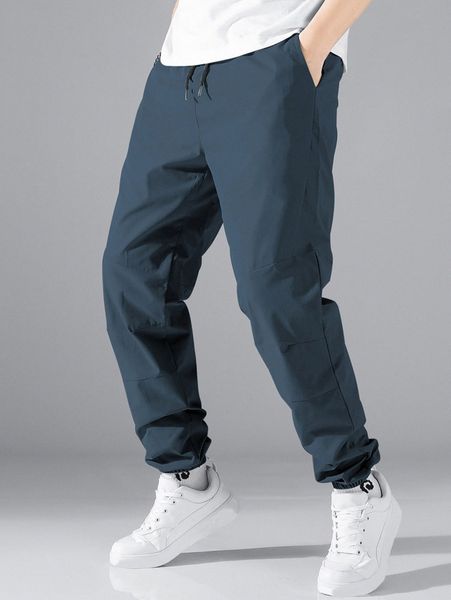 

men drawstring waist slant pocket pants 35wm#, Black