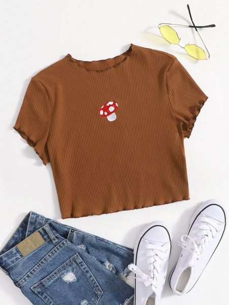 

mushroom embroidered rib-knit tee o7xi#, White