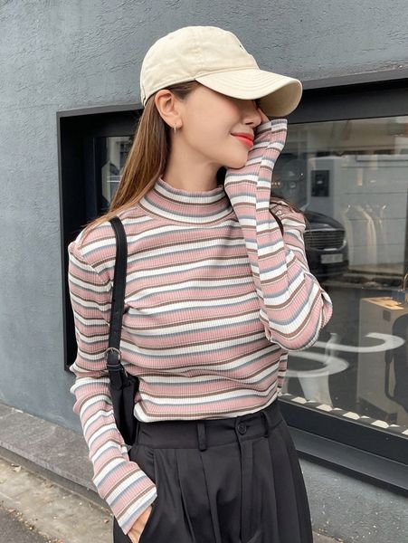 

dazy colorful striped mock neck tee e34a#, White