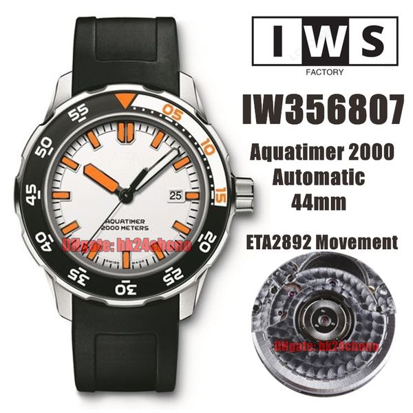 

iwsf watches 44mm aquatimer 2000 stainless steel eta cal.2892 automatic mens watch 356807 white dial rubber strap gents wristwatches, Slivery;brown