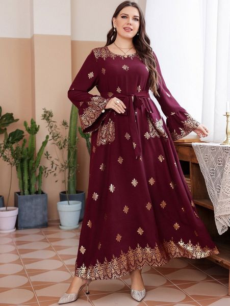 

plus gold print flounce sleeve belted dress c3qe#, Black