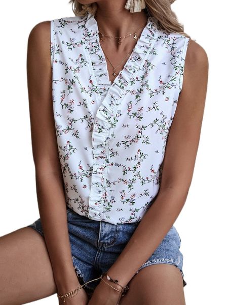 

ditsy floral frill trim blouse q8tg#, White