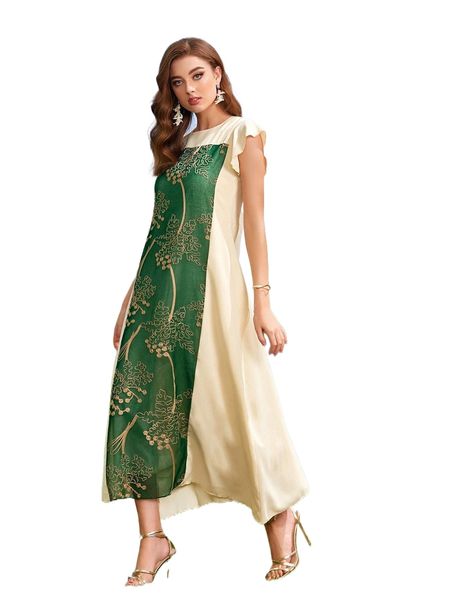 

1pc plants embroidery colorblock dress 93dz#, Black;gray