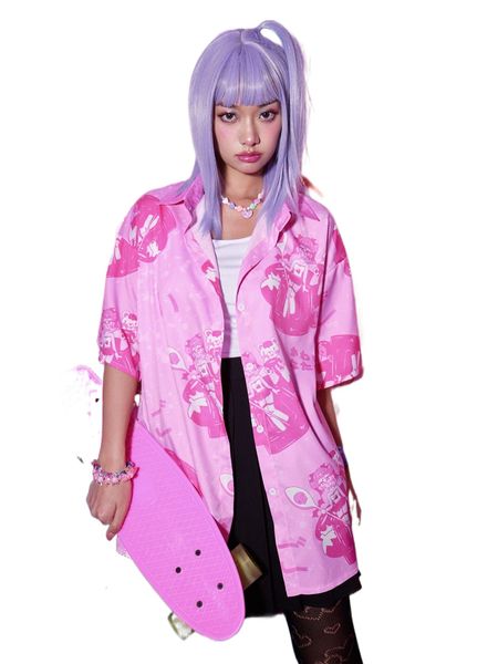 

romwe anime cartoon figure graphic button front shirt s1vd#, White