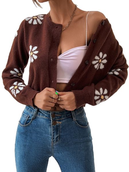 

floral pattern button front cardigan u8lx#, White;black