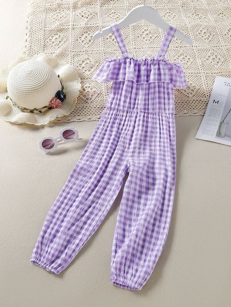 

toddler girls gingham ruffle trim cami jumpsuit she, Blue