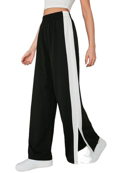 

contrast side seam split hem sweatpants g71i#, Black;white