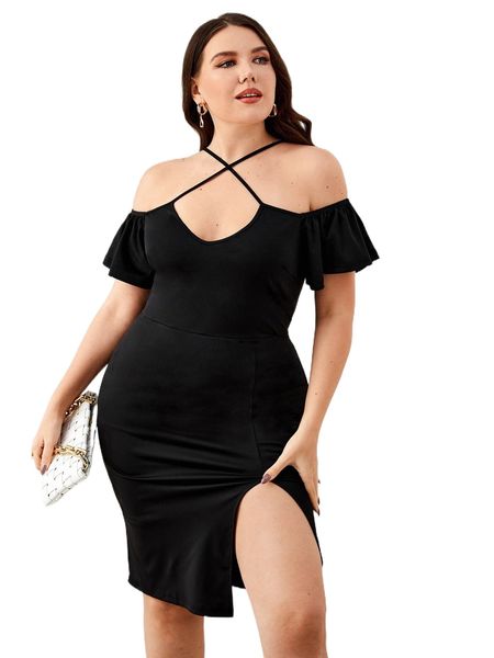 

plus cold shoulder flutter sleeve slit hem dress h16x#, Black
