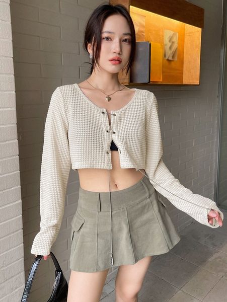 

dazy chain lace-up front waffle knit crop tee without bra z02y#, White