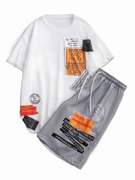 

men slogan graphic tee with shorts g2bg#, Gray