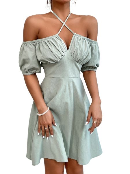 

tie back off shoulder ruched bust dress s6cw#, Black;gray
