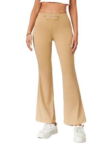 

chain detail tie back flare leg pants h3pu#, Black;white