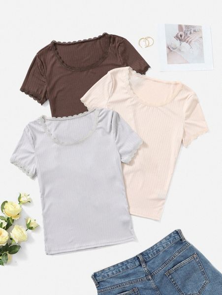 

3pcs ribbed knit lace trim tee f4uj#, White