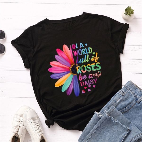 

plus size s 5xl new daisies print women t shirt 100 cotton women shirts o neck short sleeve tees summer t shirt women tshirt lj200813, White