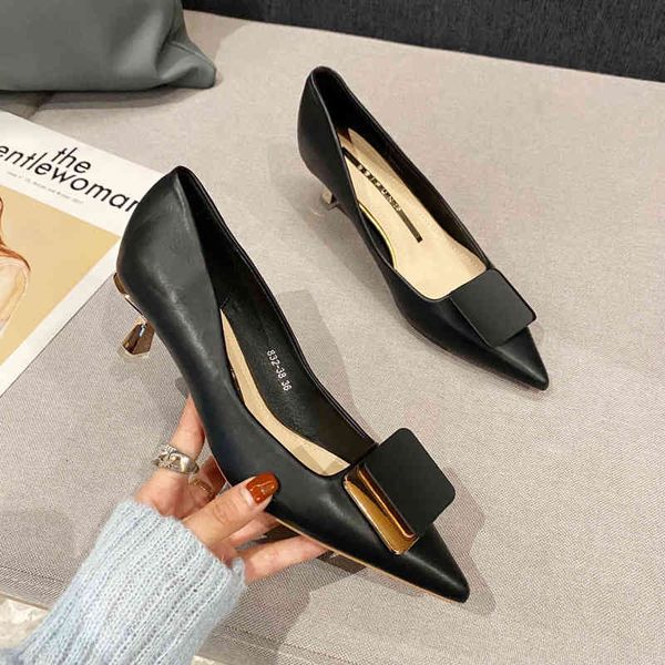 

sandals high heeled shoes women's early spring pointed and versatile french thin square buckle shallow mouth single middle 0h21, Black