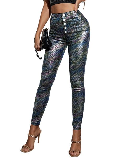 

apperloth a holographic button fly patent skinny pants 65jd#, Black;white