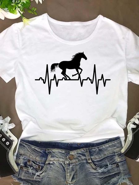 

fashion graphic t shirt horse love trend 90s cute clothing clothes women short sleeve summer tee t-shirt cartoon top, White