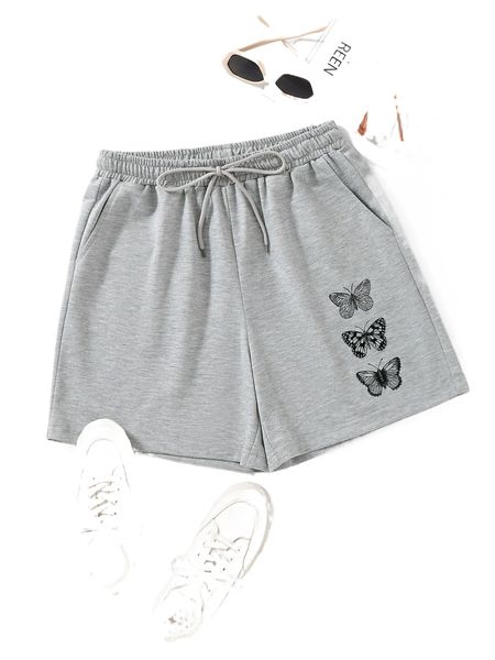 

butterfly print drawstring waist shorts l56i#, White;black
