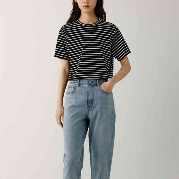 

women's t-shirt ici hejia classic round neck black and white stripe cotton loose casual t-shirt women