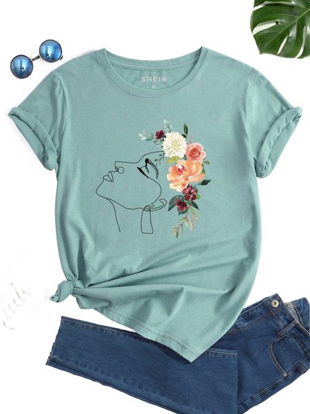 

floral & figure print t-shirt t7pi#, White