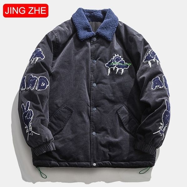 Jing zhe corduroy homens jaqueta casaco de algodão outono inverno jaquetas bordadas masculinos outwear engrossar petded parka windbreaker jaqueta 201119