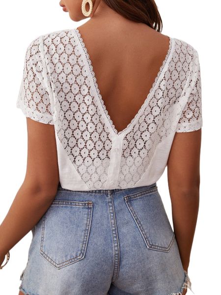 

contrast guipure lace backless tee p016#, White