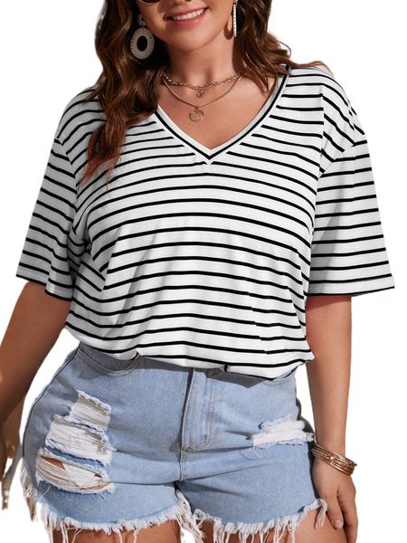 

plus striped drop shoulder tee k4eh#, Black