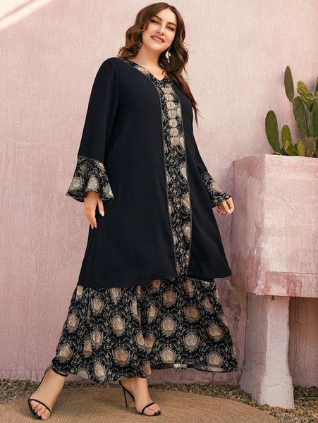 

plus graphic print flounce sleeve dress e3ok#, Black