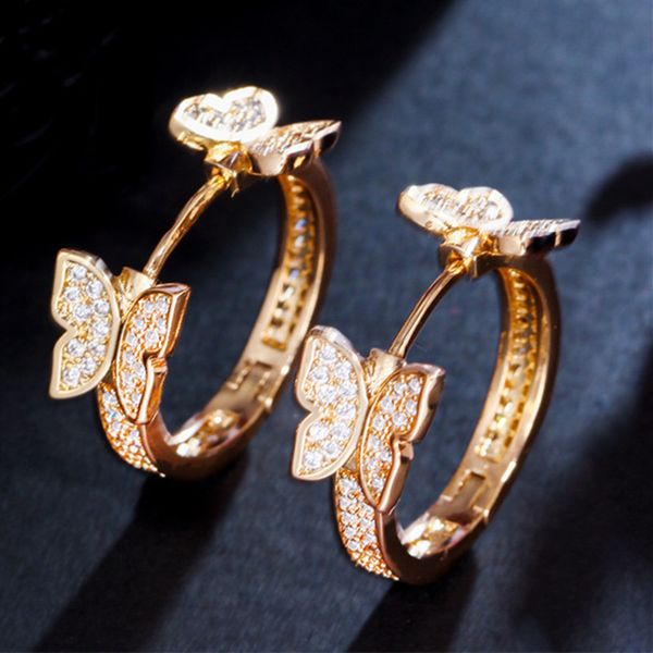 

sweet temperament butterfly hoop designer earrings jewelry white aaa cubic zirconia copper 18k gold silver earrings for women bride engageme, Golden;silver