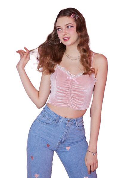 

romwe sweetness contrast lace ruched velvet cami 04bv#, White