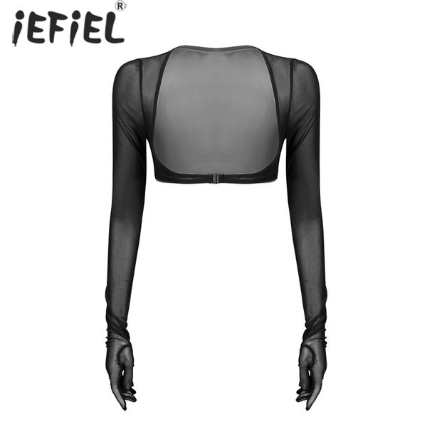 

women seethrough open chest gloves long sleeve open front buckle mesh crop ladies leotard tshirts tees for niglub 220606, White