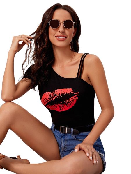 

asymmetrical neck lip print tee d2vk#, White