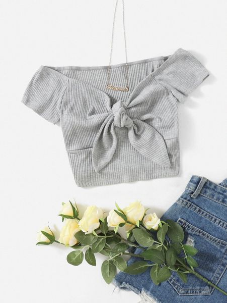 

knot front rib-knit bardot e84m#, White