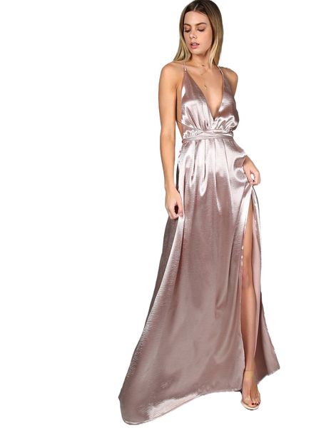 

cross back high split satin maxi slip dress i86r#, Black;gray