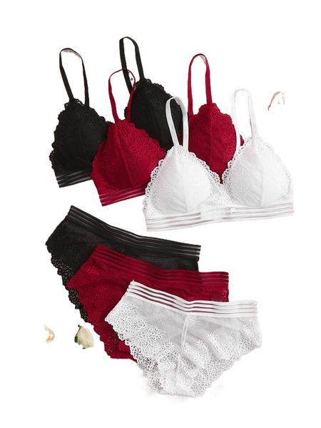 

3sets floral lace lingerie set d1zr#, Black;red