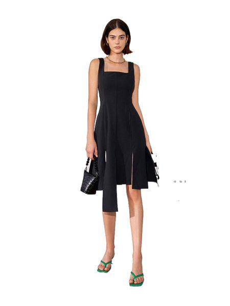 

square neck asymmetrical hem dress e2hq#, Black;gray