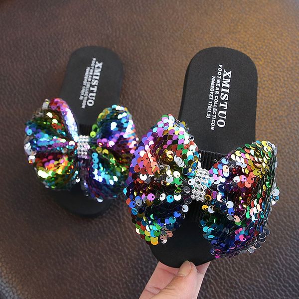 

fashion sequin bow girl slippers princess shoes children beach slipper girl sandals flats non-slip soft kids slippers 220423, Black;grey