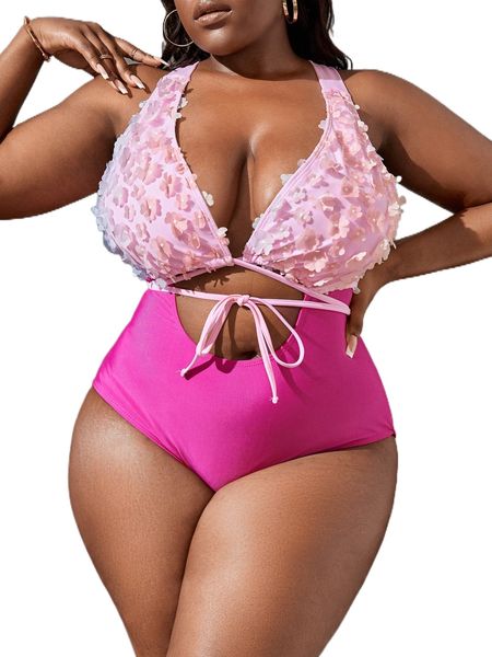 

plus appliques two tone cut out knot front one piece swimsuit v6ez#, White;black