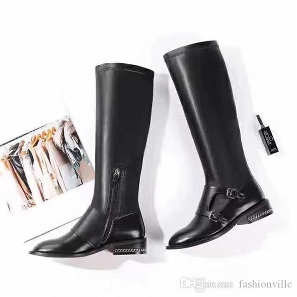 

2019112603 40 black stretch double buckle knee high boots300l